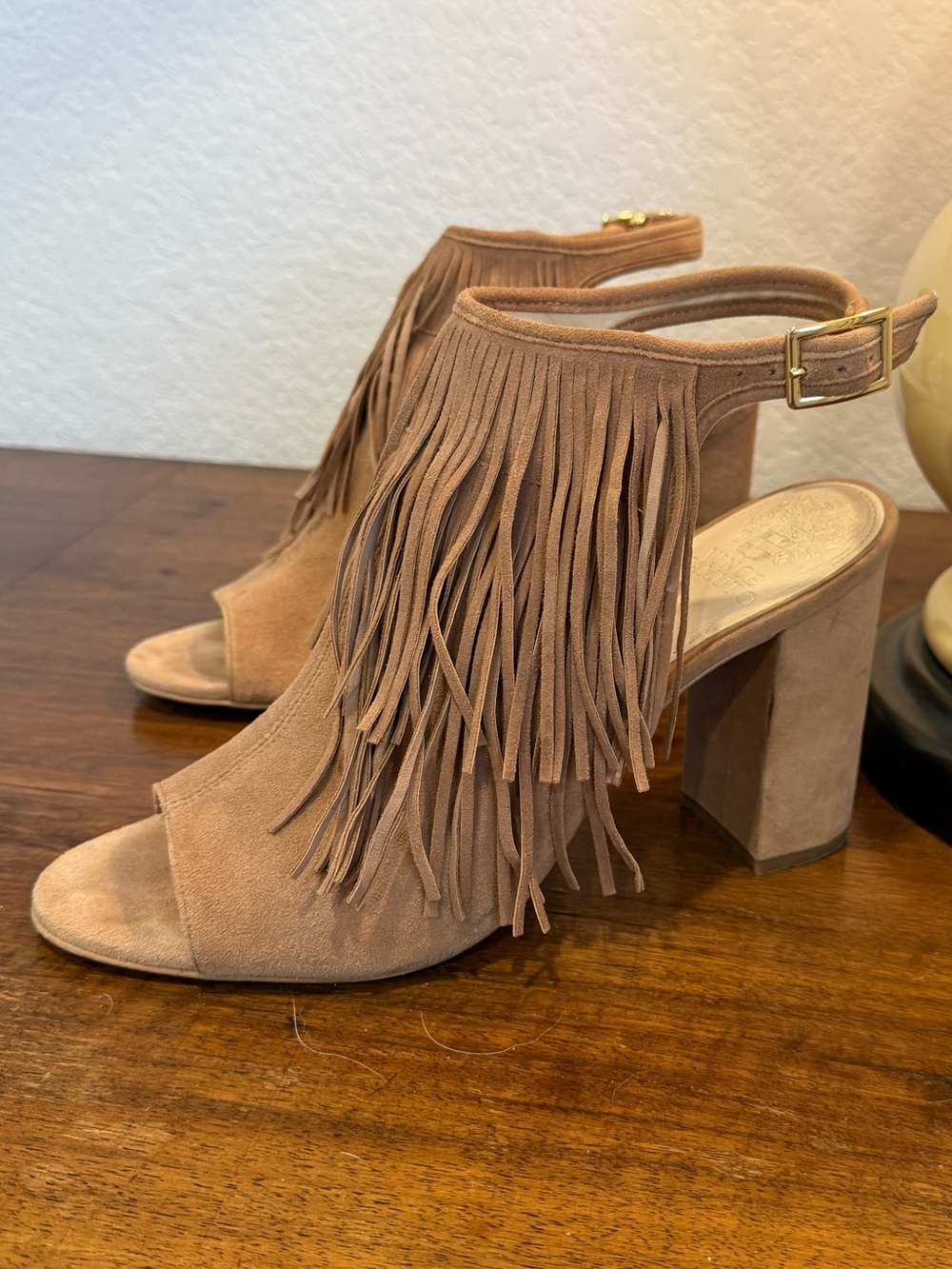 Vince Camuto Fringe Suede Open-Toe Block Heel Sandals - Tan